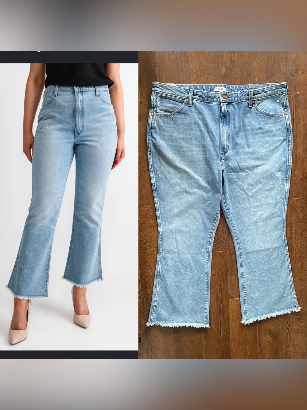 NWT Plus Wrangler 💯 Cotton Wrock 672 High Rise Kick Flare Raw Hem Jeans. Size 35